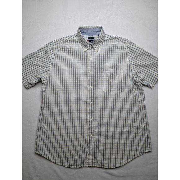 Chaps Easy Care Mens Short Sleeve Button Down Shirt - Large Plaid Yellow Blue - Picture 3 of 7